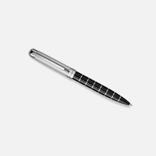 The retractable ballpoint pen features a pinstripe top with black lacquer and sterling silver detail on the barrel. Can be engraved for the perfect customised gift.