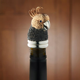 Gang Gang Cockatoo wine stopper featuring sapphire eyes and a combination of black rhodium and rose gold plate. 