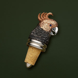 Gang Gang Cockatoo wine stopper featuring sapphire eyes and a combination of black rhodium and rose gold plate. 