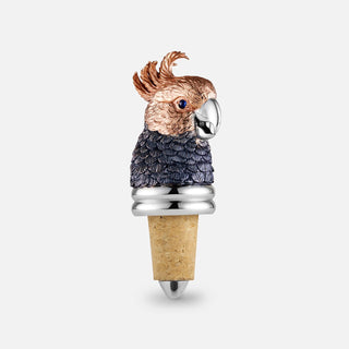 Gang Gang Cockatoo wine stopper featuring sapphire eyes and a combination of black rhodium and rose gold plate. 