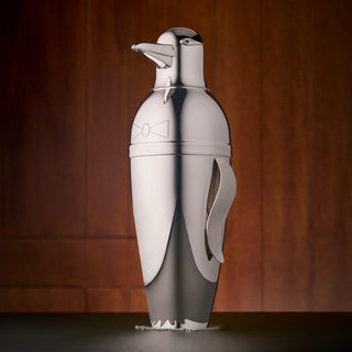 Sterling Silver penguin cocktail shaker featuring mirrored polish and accommodating up to 700mL. 