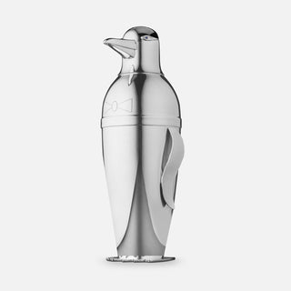 Sterling Silver penguin cocktail shaker featuring mirrored polish and accommodating up to 700mL. 