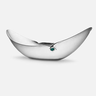 Sterling Silver occasional bowl in the shape of a whale featuring a hammered texture and chrysoprase eye. 