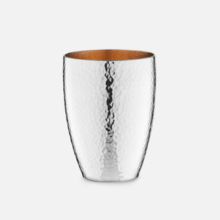 Australian Sterling Silver curve beaker with hammered, textured exterior and matte gold-plated interior. 9.5cm tall and accommodating for a volume of 250mL.