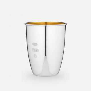 Australian Sterling Silver classic curved beaker with rolled lip. Featuring a polished exterior and matte gold-plated interior. 9cm tall and accommodating for a volume of 240mL.