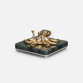 Sterling silver Blue Ringed Octopus sculpture with blue enamel, yellow gold plating and sapphire eyes, mounted on a labradorite stone base.