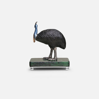 Sterling silver Cassowary sculpture with multicoloured plating and diamond eyes, mounted on a ruby in zoisite stone base.