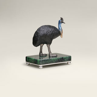 Sterling silver Cassowary sculpture with multicoloured plating and diamond eyes, mounted on a ruby in zoisite stone base.