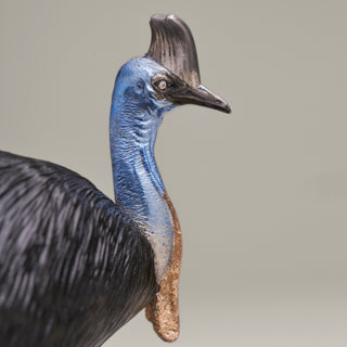Sterling silver Cassowary sculpture with multicoloured plating and diamond eyes, mounted on a ruby in zoisite stone base.