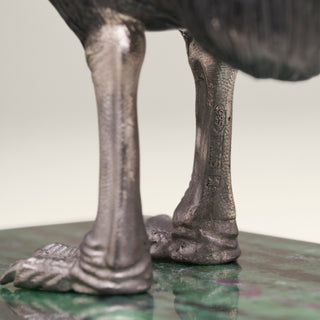 Sterling silver Cassowary sculpture with multicoloured plating and diamond eyes, mounted on a ruby in zoisite stone base.