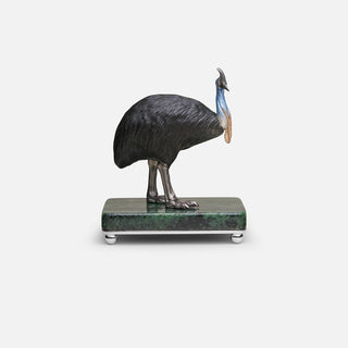 Sterling silver Cassowary sculpture with multicoloured plating and diamond eyes, mounted on a ruby in zoisite stone base.