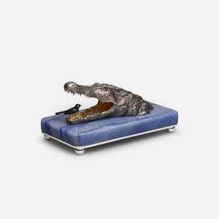 Patinated sterling silver crocodile sculpture with gold and black ruthenium plating, sapphire eyes and a Willy Wagtail with diamond eyes, mounted on a blue aventurine stone base.