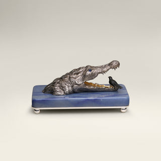 Patinated sterling silver crocodile sculpture with gold and black ruthenium plating, sapphire eyes and a Willy Wagtail with diamond eyes, mounted on a blue aventurine stone base.