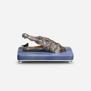 Patinated sterling silver crocodile sculpture with gold and black ruthenium plating, sapphire eyes and a Willy Wagtail with diamond eyes, mounted on a blue aventurine stone base.