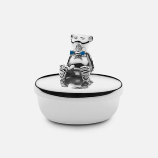 Sterling Silver Tooth Box featuring teddy bear with blue enamel bow. Polished exterior with matt gold-plate interior.