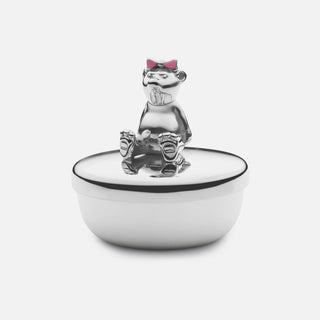 Sterling Silver Tooth Box featuring teddy bear with pink enamel bow. Polished exterior with matt gold-plate interior.