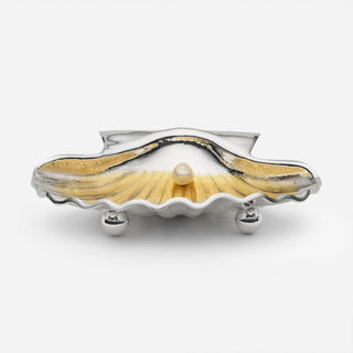 Handcrafted sterling silver Tasmanian scallop shell dish with gold-plated interior and a South Sea semi-baroque pearl